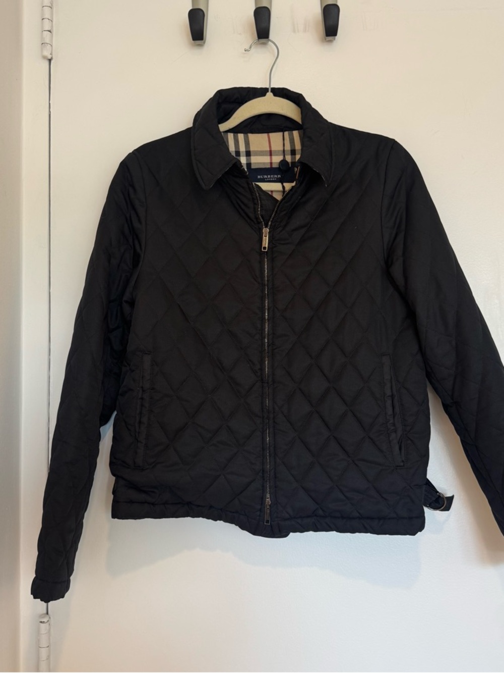 Burberry Black Quilted Zip-Front Jacket with Signature Check Collar